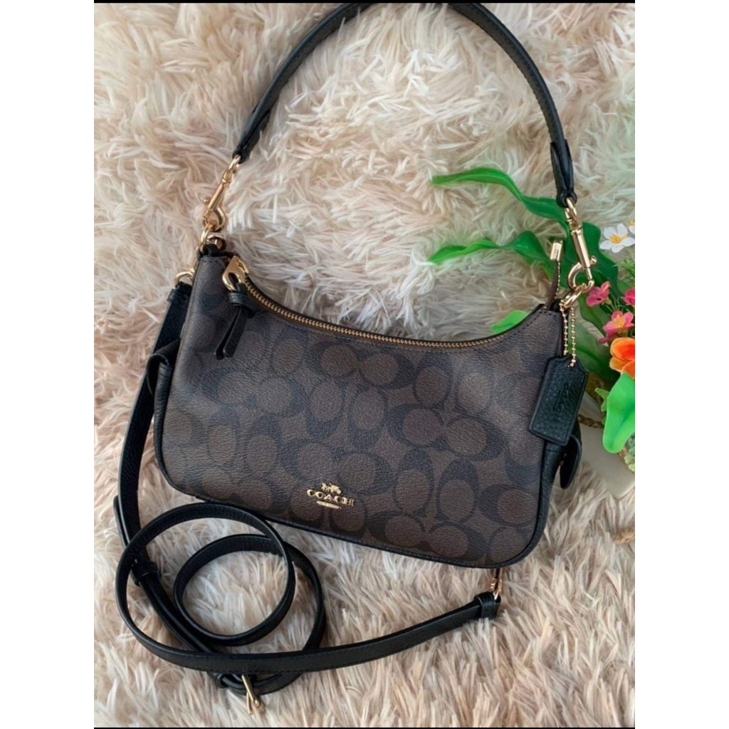 Coach C7223 Pennie Shoulder Bag 25 in Brown Signature Coated Canvas and Black Refined Pebble