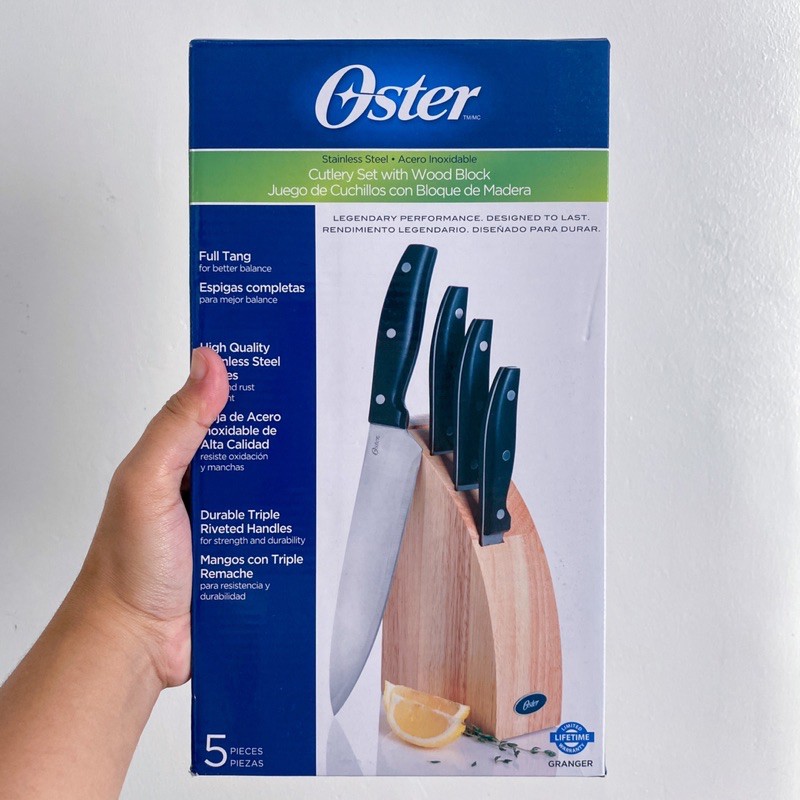 Oster Granger 5 Piece Stainless Steel Cutlery Knife Set with Half Moon  Natural Wood Block