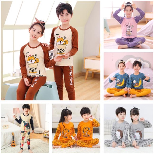 ✨2-14Years Long Sleeve Pajamas Set Kids Warm Pure Cotton Sleepwear Suit Boy  Girl Clothes Children Cartoon Clothing Terno