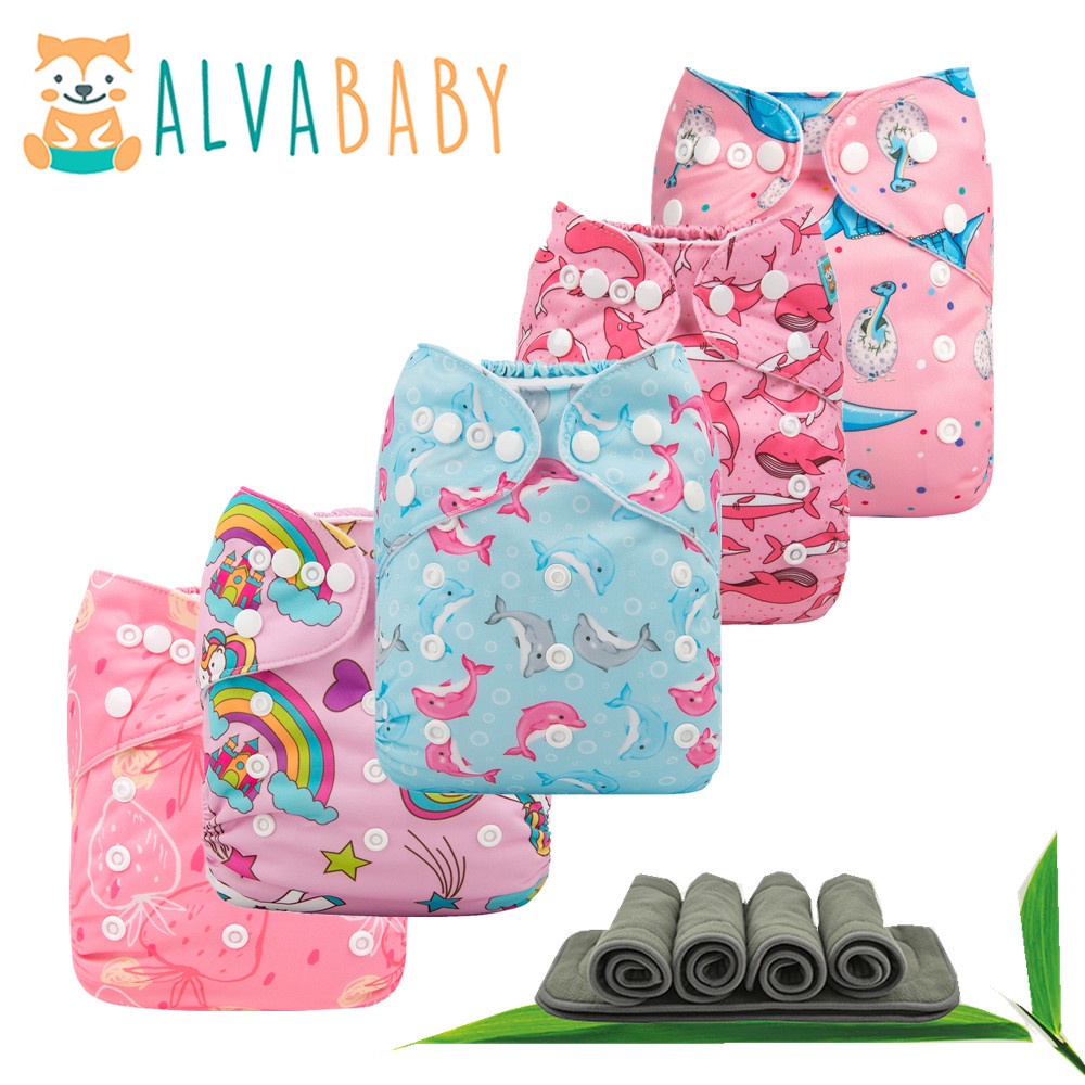 【Baby Girl】ALVA baby cloth diaper with banboo charcoal insert Printed One Size Reusable