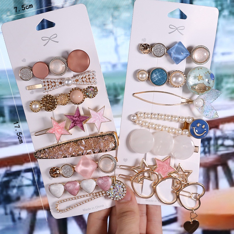 1 Set Temperament Crystal & Pearl Acrylic Women Hair Pins Hollow Five