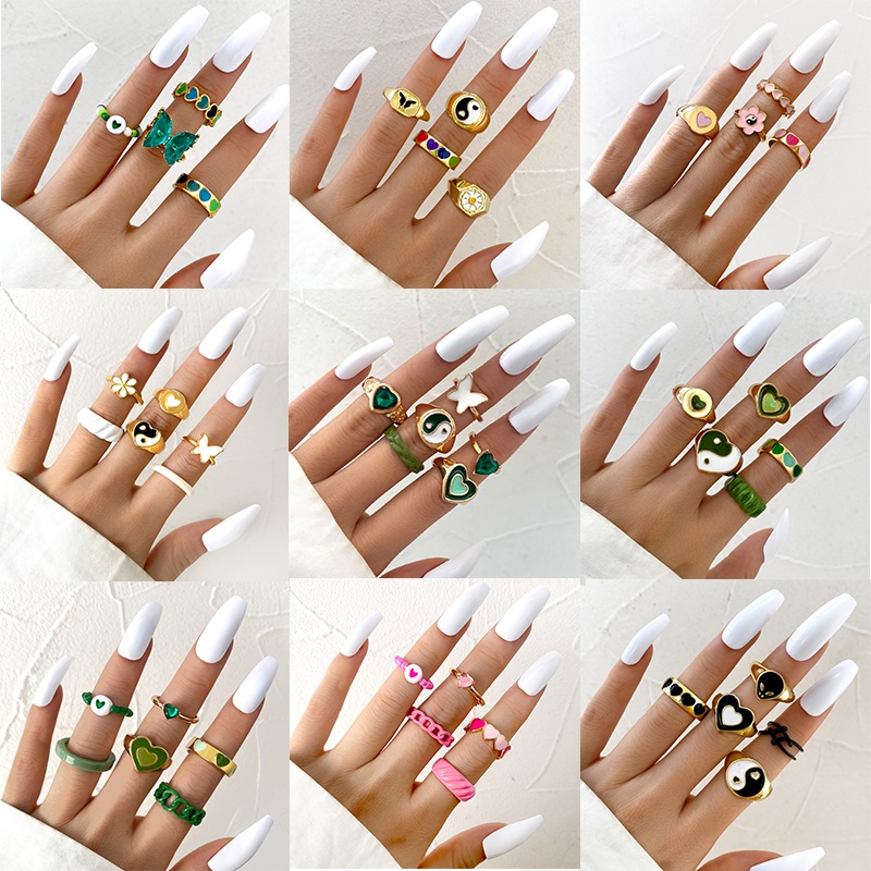 AY (CN) Fashion Colorful Oil Drip Ring Set Heart Tai Chi Flower Rings ...