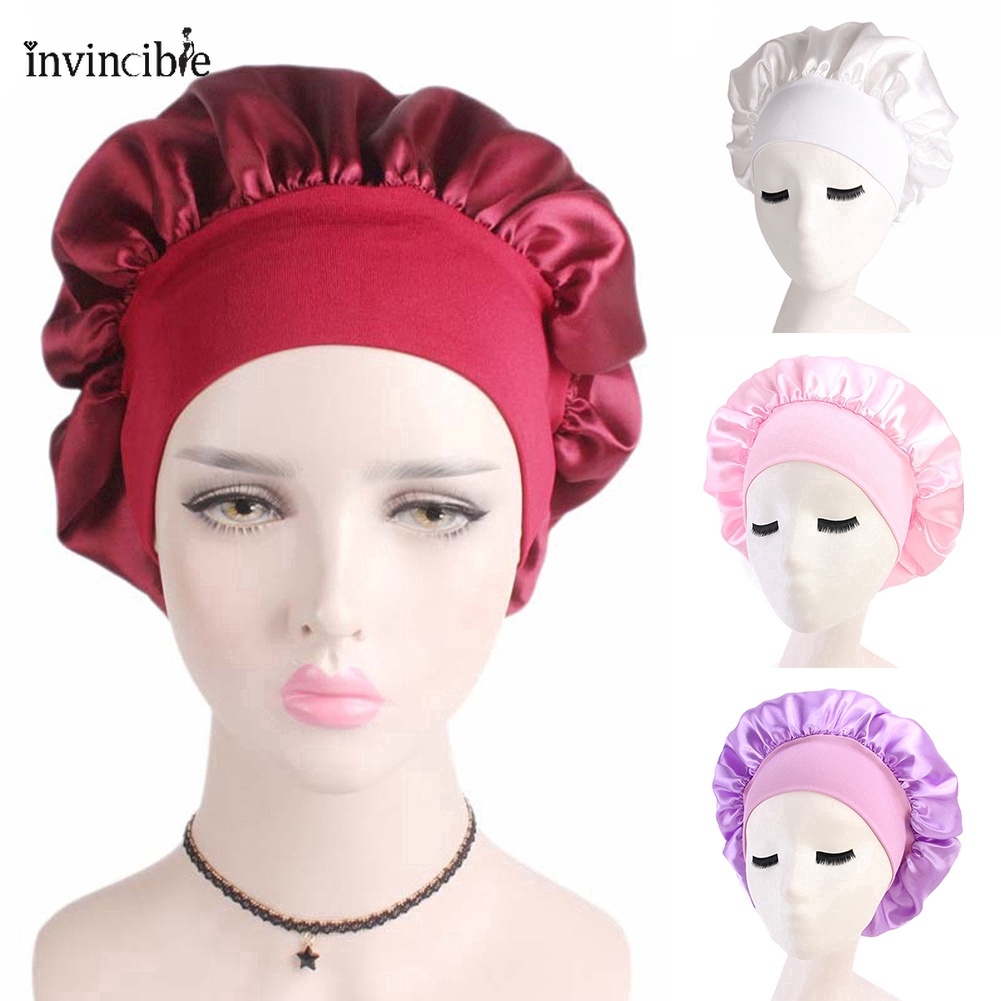 [Invincible] Women Soft Solid Wide-Brimmed Silk Sleep Cap, Bath Hair ...