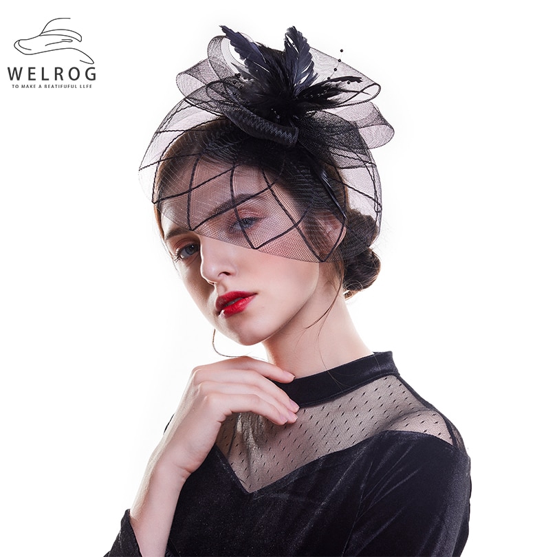 Women Fancy Feather Fascinator Hats Black Birdcage Veil Wedding Hats Hair Accessoris