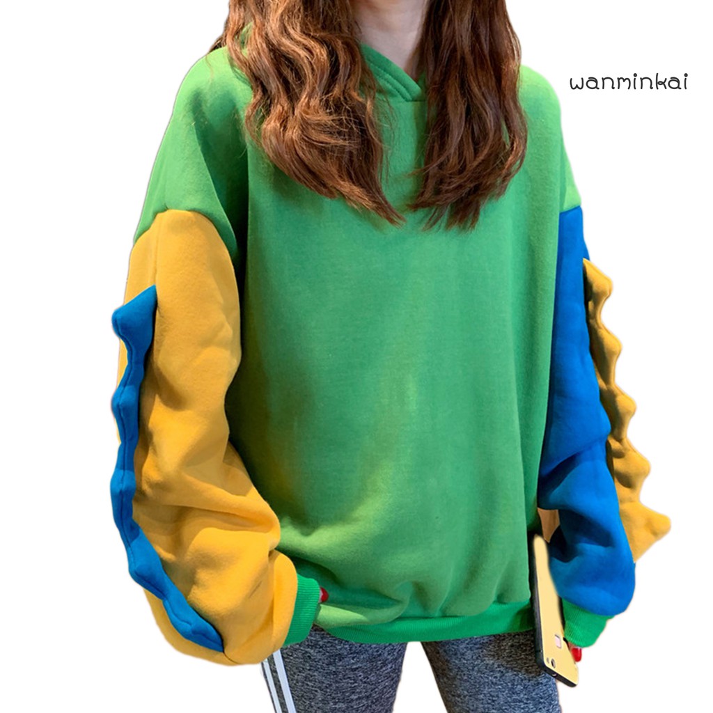 Wy Cute Women Long Sleeve Color Block Dinosaur Hoodie Autumn Winter Sweatshirt Shopee Philippines