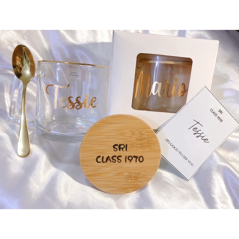 Personalized gold rim/clear mug with engraved bamboo lid gift set
