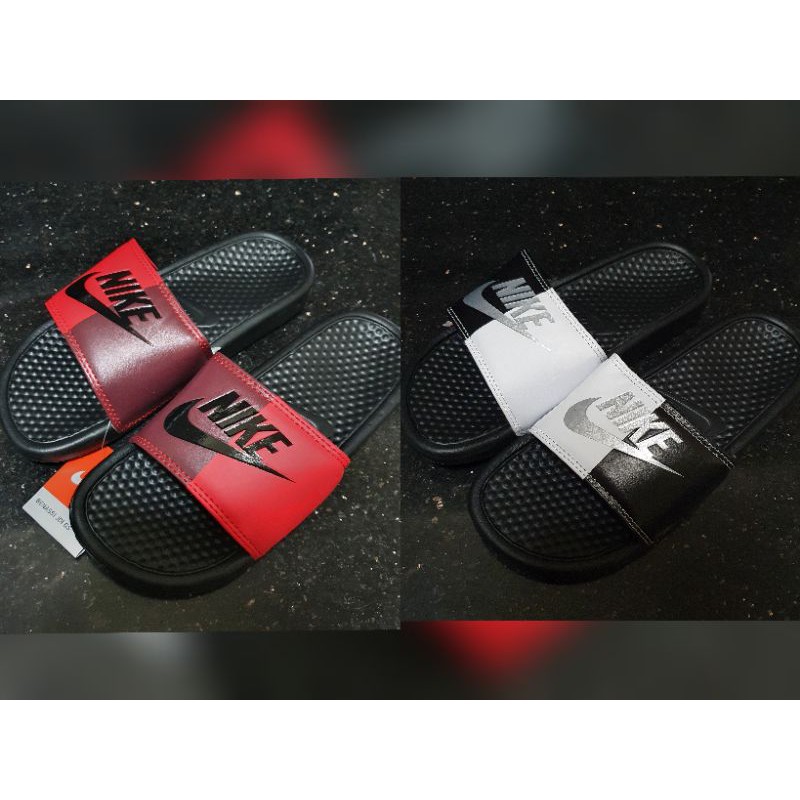 Red nike slides on sale with two straps