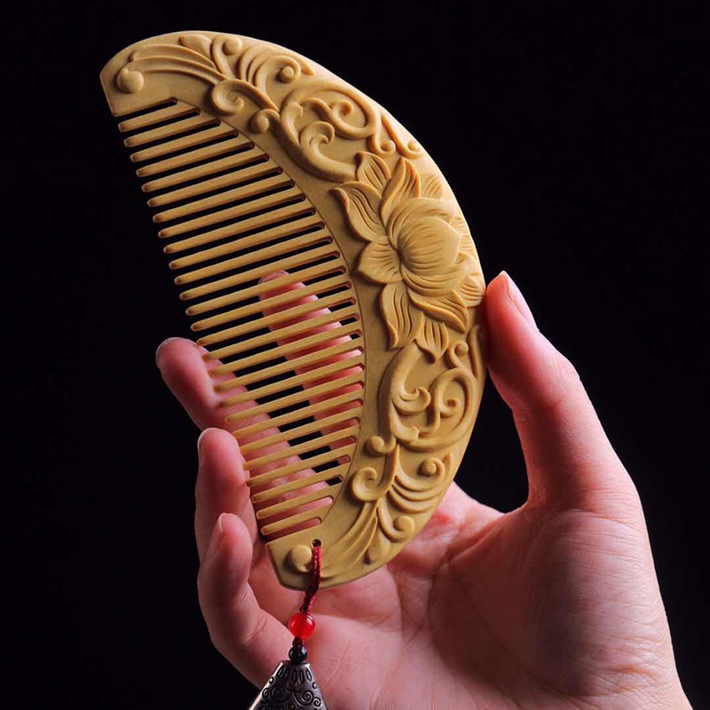 Natural Boxwood Carved Splendid Hibiscus Pattern Wooden Comb Hand ...