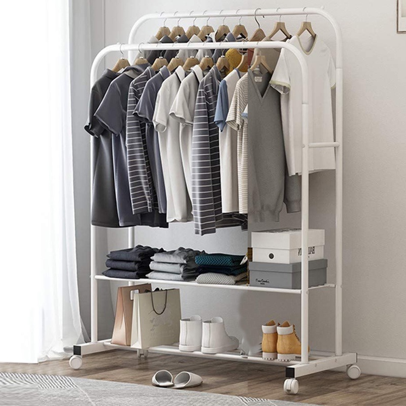 White Elegant Clothes Rack on Wheels Double Rails Clothing Rack With ...