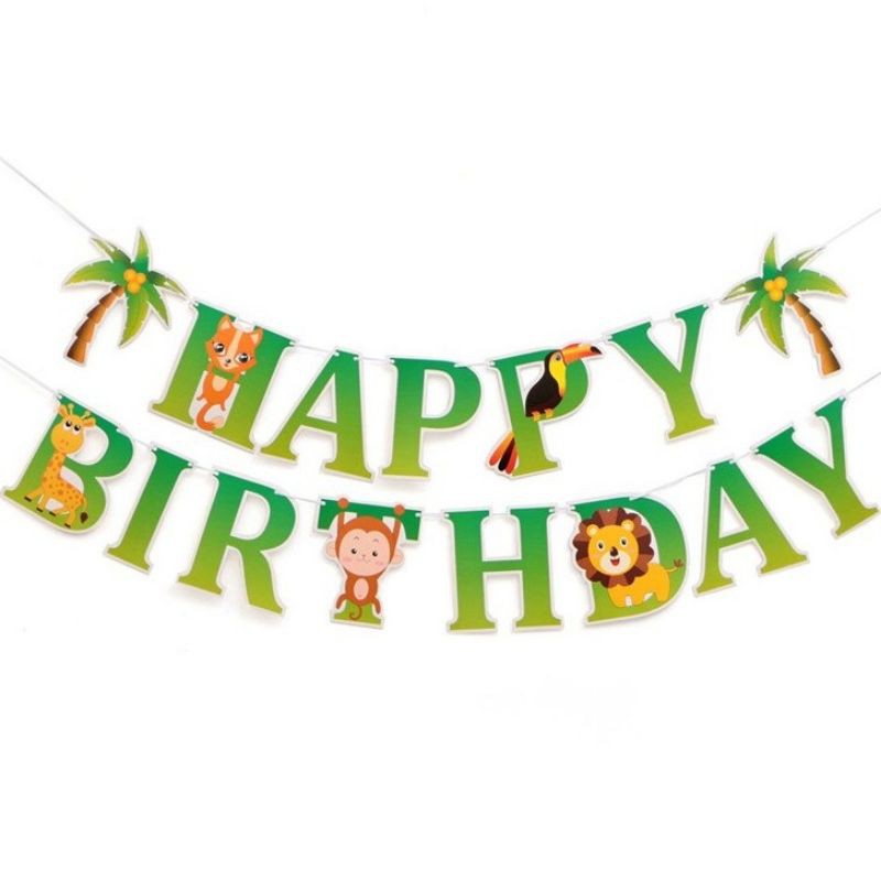 1 set Happy Birthday Banner Cartoon Animal Paper Garland Jungle Safari ...