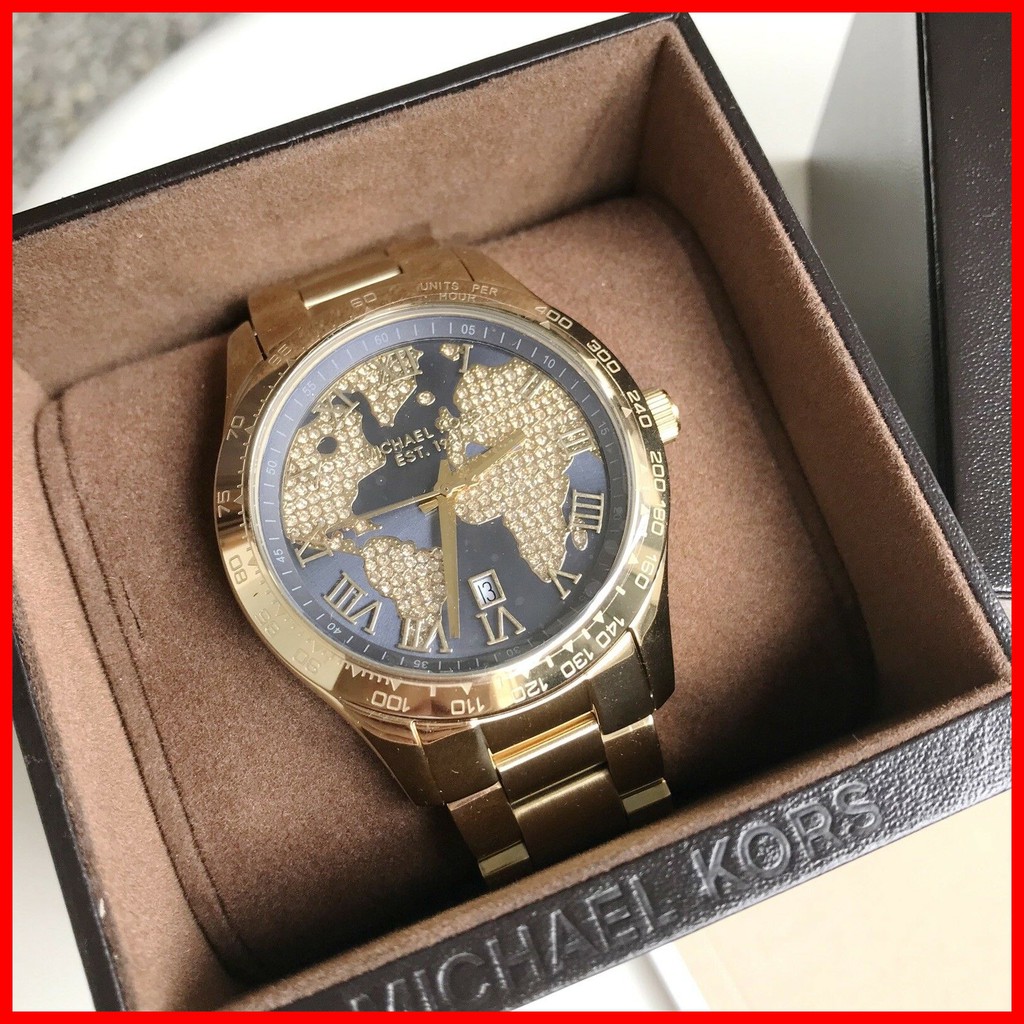 Michael Kors Watch 100 ORIGINAL Layton World Map Gold Oversized