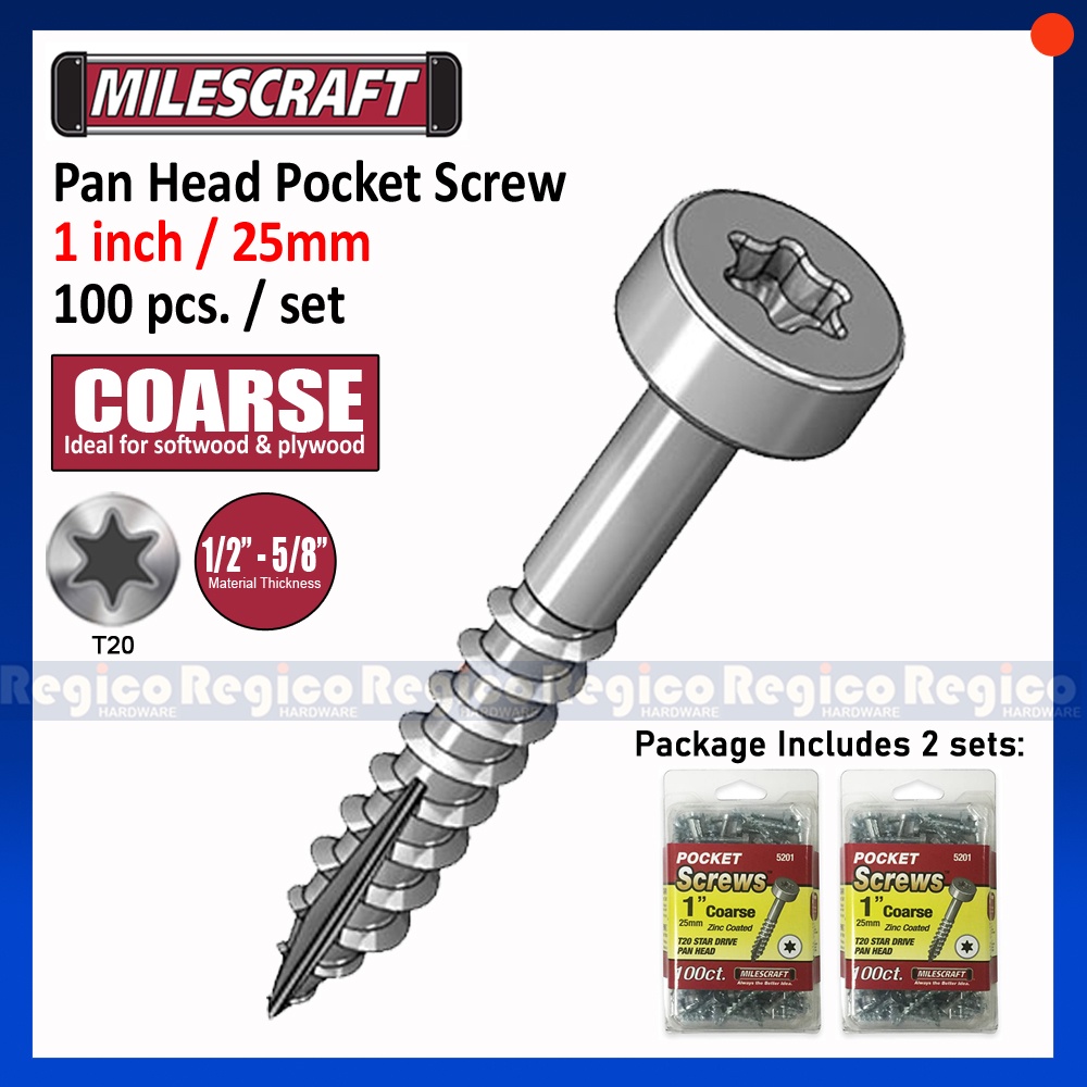 Milescraft 1 inch COARSE Pan Head Pocket Screw #5201 Regico Hardware ...