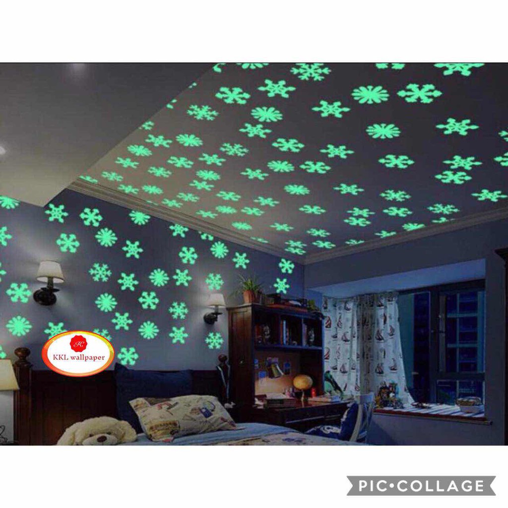 Uxcell 50pcs Glow In The Dark Snowflake Wall Stickers - Pink Fluorescent Decor For Bedroom, Ceiling, Party