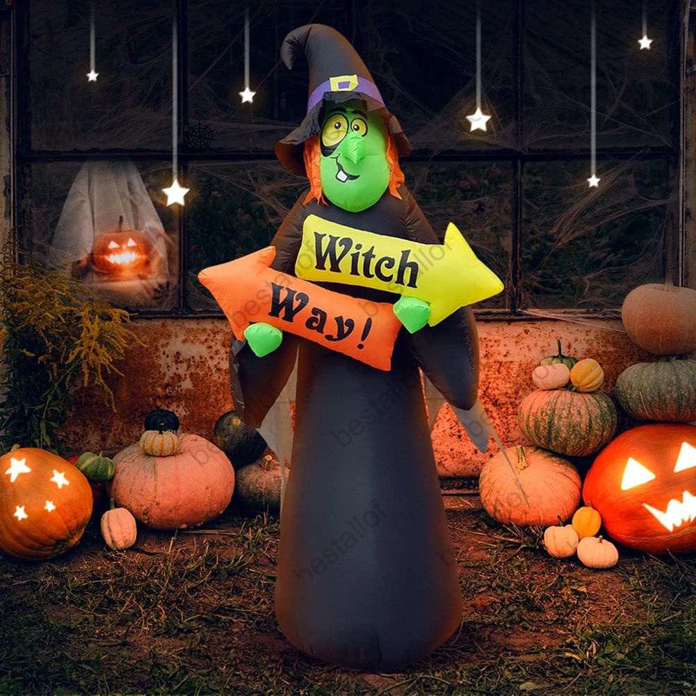 240cm Halloween Inflatable Witch with LED Lights Decoration Scary Black