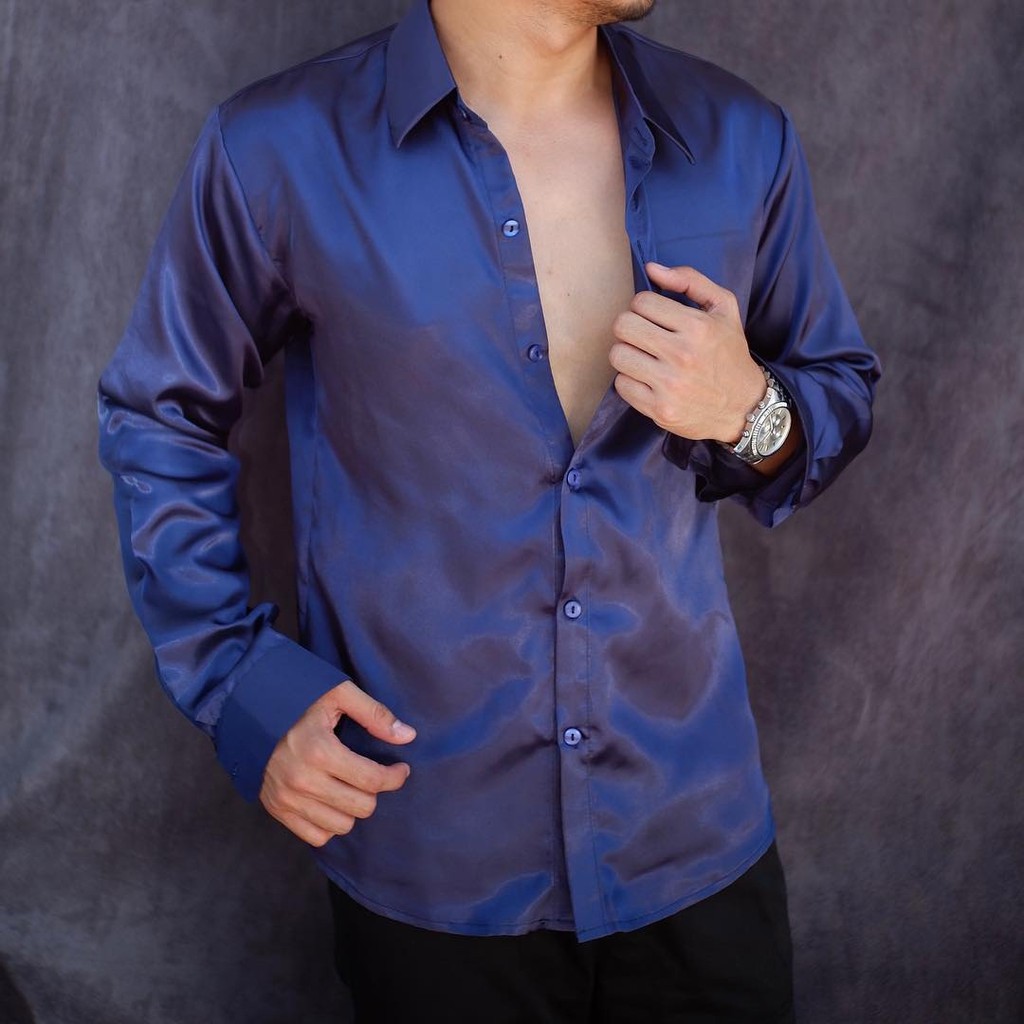 Dark Blue Plain Button Down Polo Long Sleeves (Charmeuse Satin) - Basics  2020 for Men