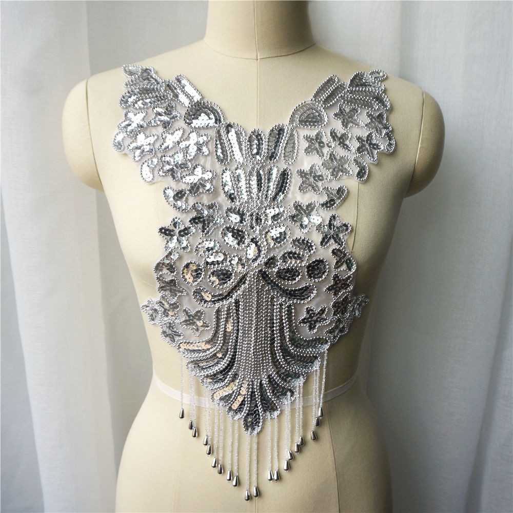 Silver Sequin Embroidery Lace Applique Sew Beading Collar Patch Wedding ...