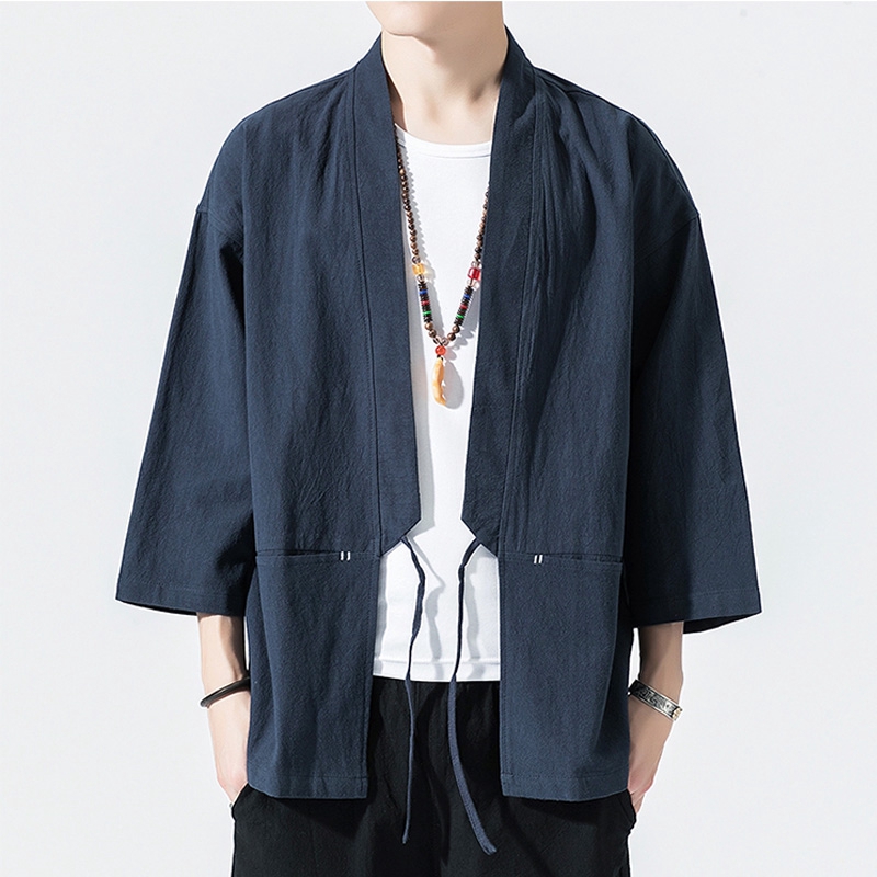 Mens Cotton Linen Shirts Man Summer Plain color Kimono Shirts Male ...