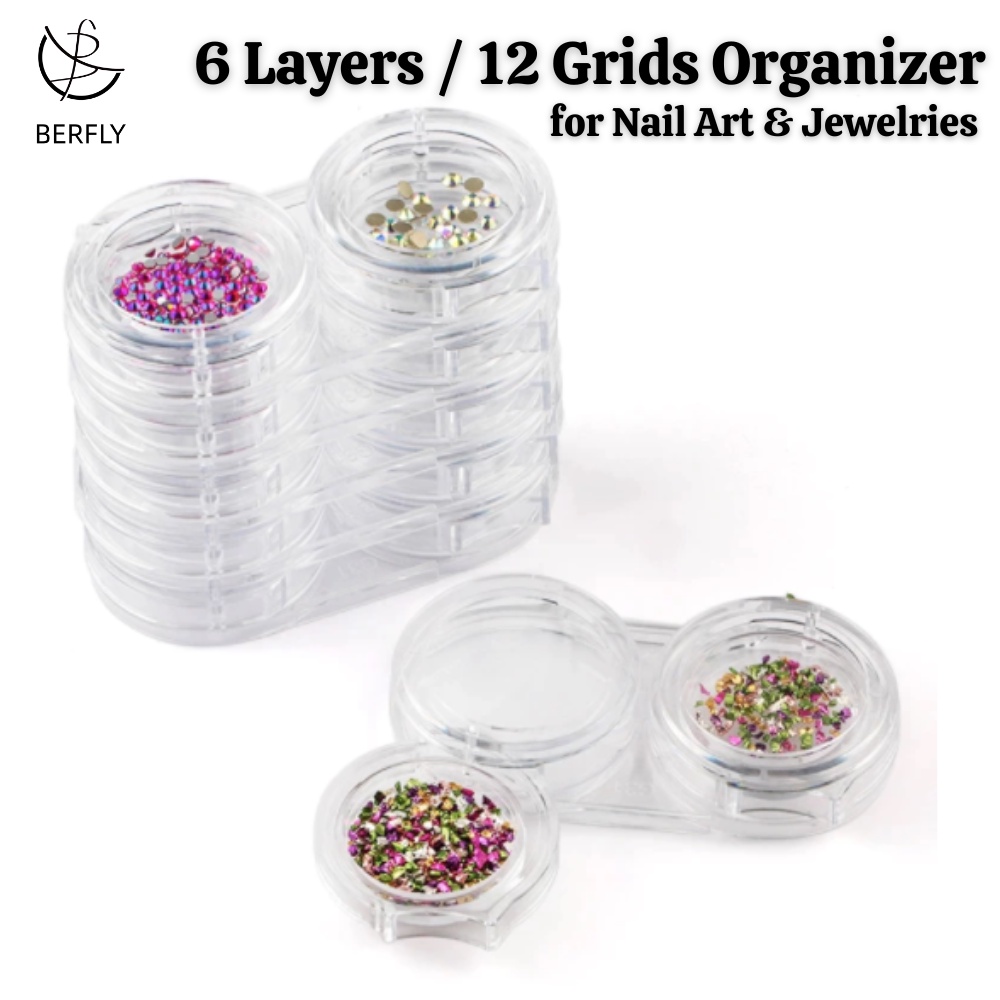 Berfly 6 Layer 12 Grid Round Storage Case Removable Plastic Nail Art
