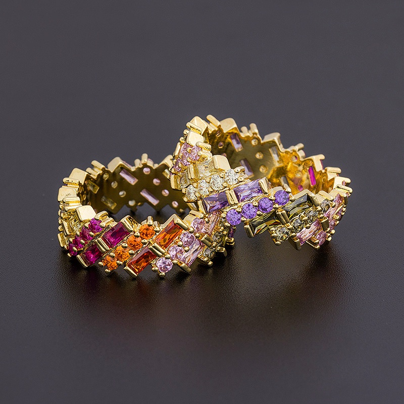 New Geometric Luxury Rainbow Cubic Zirconia Ring For Women Gold Color ...