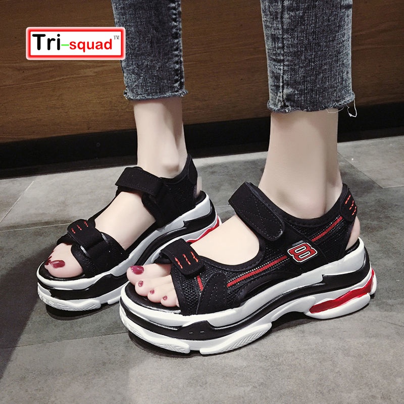 Korean fashion sport platforms chunky flat ankle buckle strap thick ...