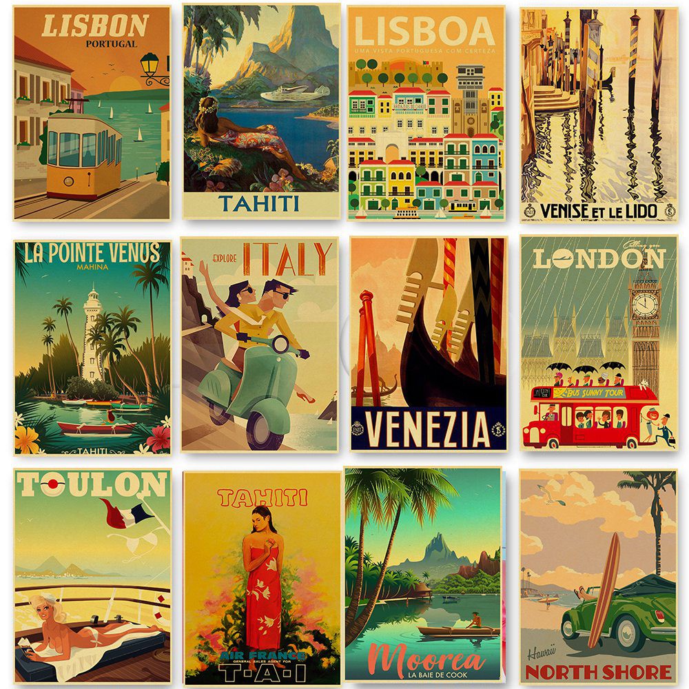 Hd Print Vintage Art Painting New York London Italy TAHITI Retro Posters  Travel Cities Posters Wall Art Picture