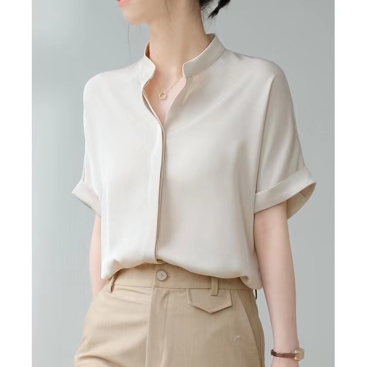 Classic Chinese Collar Plain Blouse for Women Short Sleeve Chiffon 2 ...