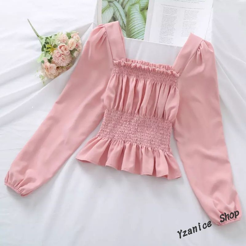 Puff Sleeve Squareneck Waist Chiffon Versatile Slim Fit Long Sleeve