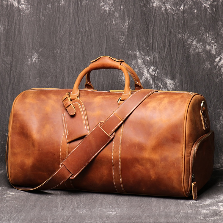 Vintage Large Capacity Expandable Leather Travel Duffle Bags Weekender