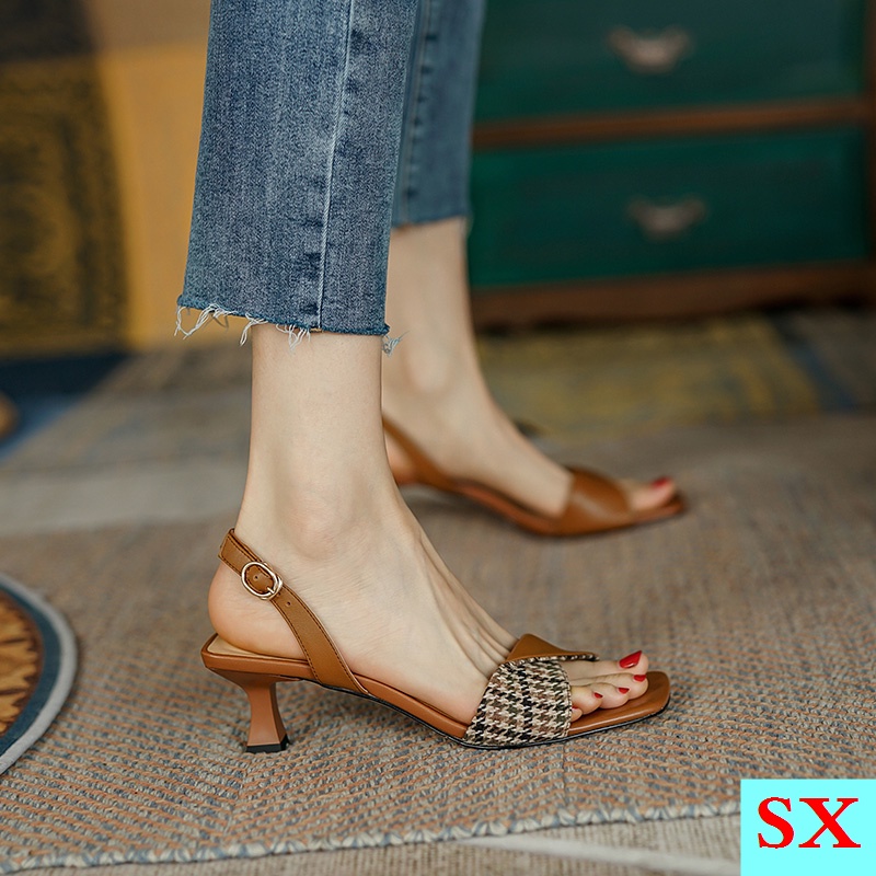Genuine Soft Leather Stiletto Heel Sandals Women s Summer New Style Houndstooth Strap French Vintage Mid Heel T