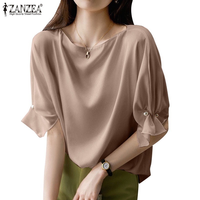 ZANZEA Women 3/4 Sleeved Office Party Blouse Plus Size Casual O-Neck ...