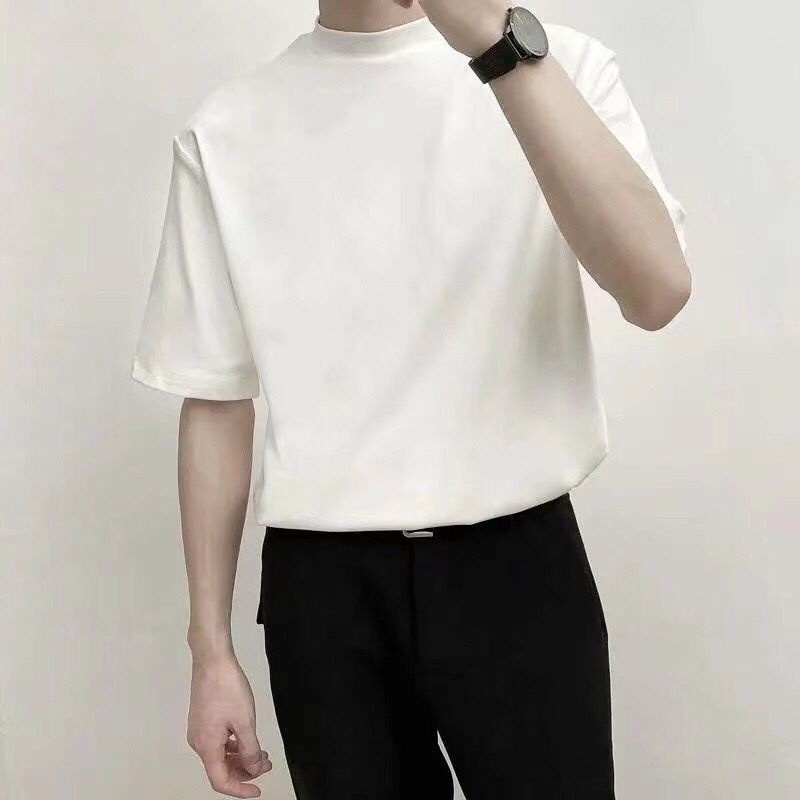 Korean style Plain Tshirt Small Stand-Up Collar Loose Five-point Sleeve ...