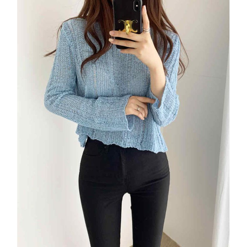 Autumn Korean Version Ice Silk Hollow Knitted Blouse Women Lazy Loose ...