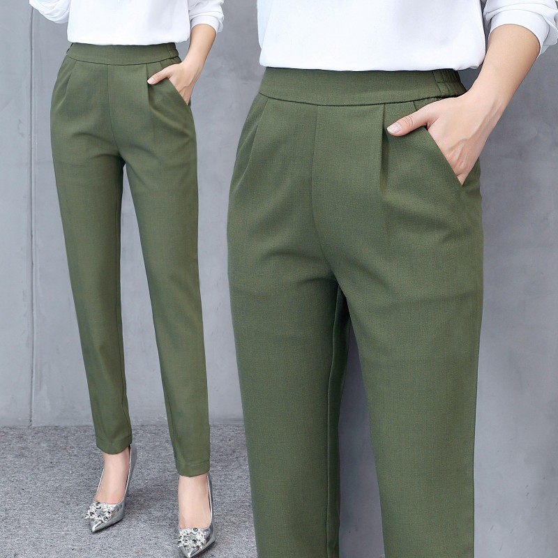 Ready Stock Plus Size Office Pants Women's Casual Fashion Solid Mid Waist  Long Trousers