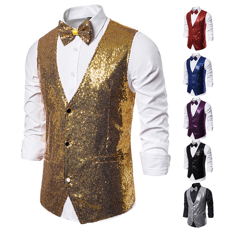 Men Shiny Gold Sequin Glitter Embellished Blazer Waistcoat Night Club ...