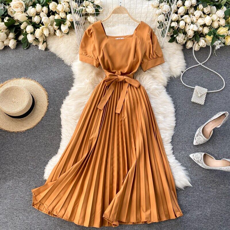 2024 Retro Pure Color Temperament Korean Vestidos Women s Square Collar Short sleeve Pleated Midi Dress Shopee Philippines