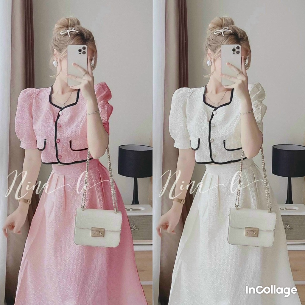 Daga - Be Happy Three Piece Skirt Set ( Removable Bow On Blouse )- Black