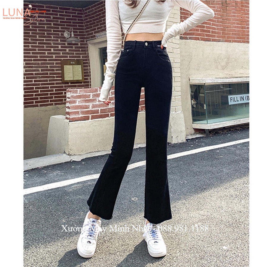 High-waisted 4-way stretch fabric flared jeans in plain black - female ...