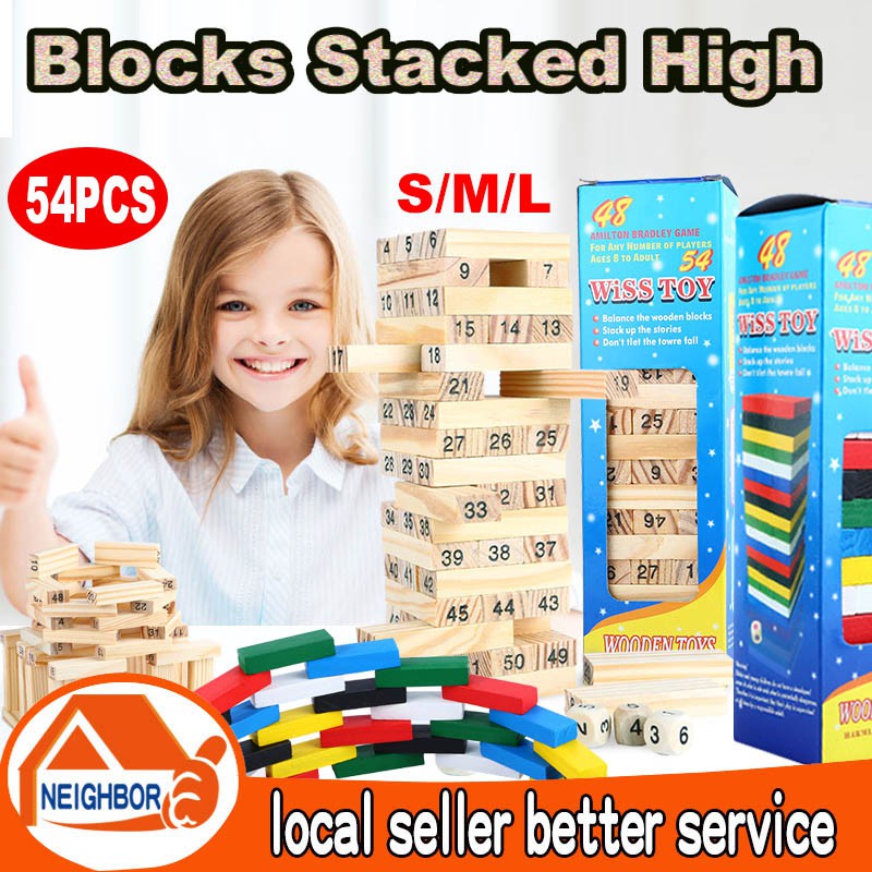 【In Stock】54 pcs Wooden Tower Building Blocks Toy Domino Dice Stacker ...
