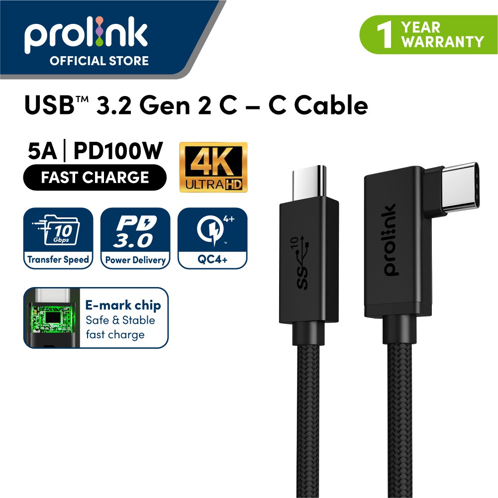Prolink 100W USB C-C PD Cable USB3.2 Gen 2| Nylon Braided| 2m (Data ...