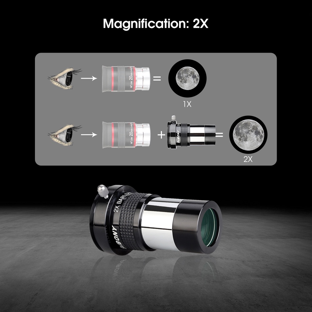 Svbony SV137 2X Barlow Lens With Male TThread 1.25 Inch Metal Body Fully MultiCoated Telescope