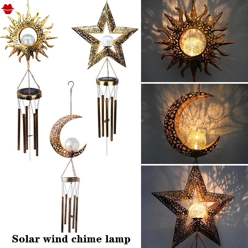 Solar Garden Light Wrought Iron Hollow Solar Sun Moon Wind Chime Pendant Outdoor Landscape