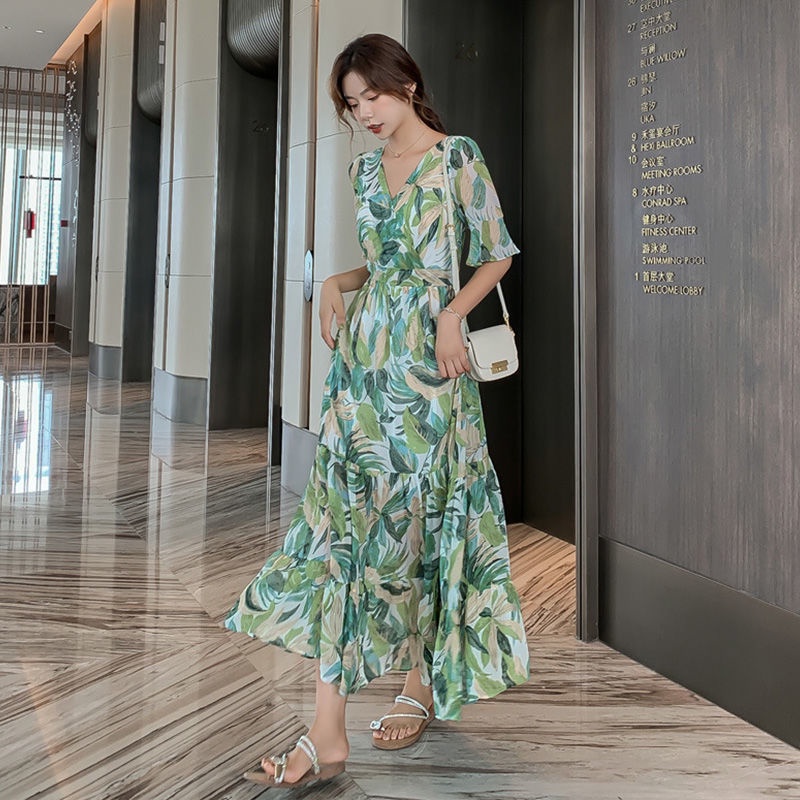 Women's Chiffon Floral Dress Slimming Korean Style Gentle Super Fairy  High-End Overknee Dress V Collar Maxi Dress