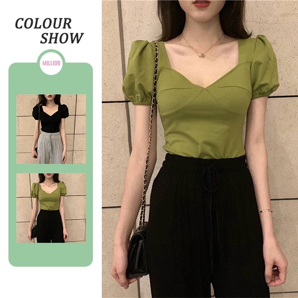 Slim Puff T-Shirt Women V-Neck Short-Sleeve Clothes Shirt Tide | Shopee ...
