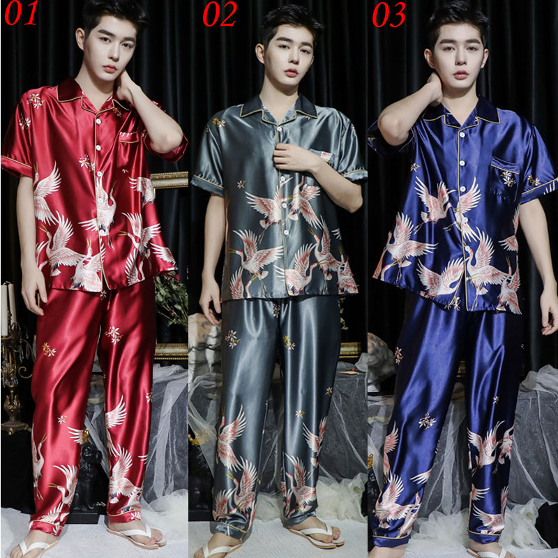 Men's Silk Pajama Set Men's Sleepwears Men Sexy Soft Homme Cozy