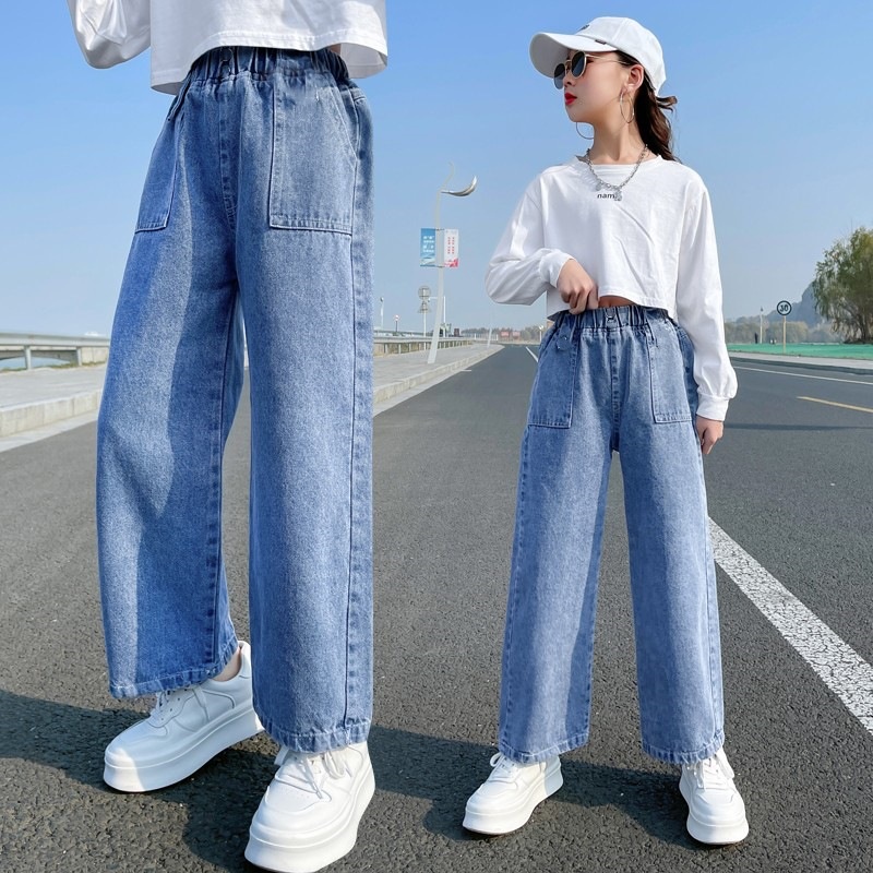 Girls' New Style Straight Jeans Spring Autumn Loose Wide Leg Pants ...