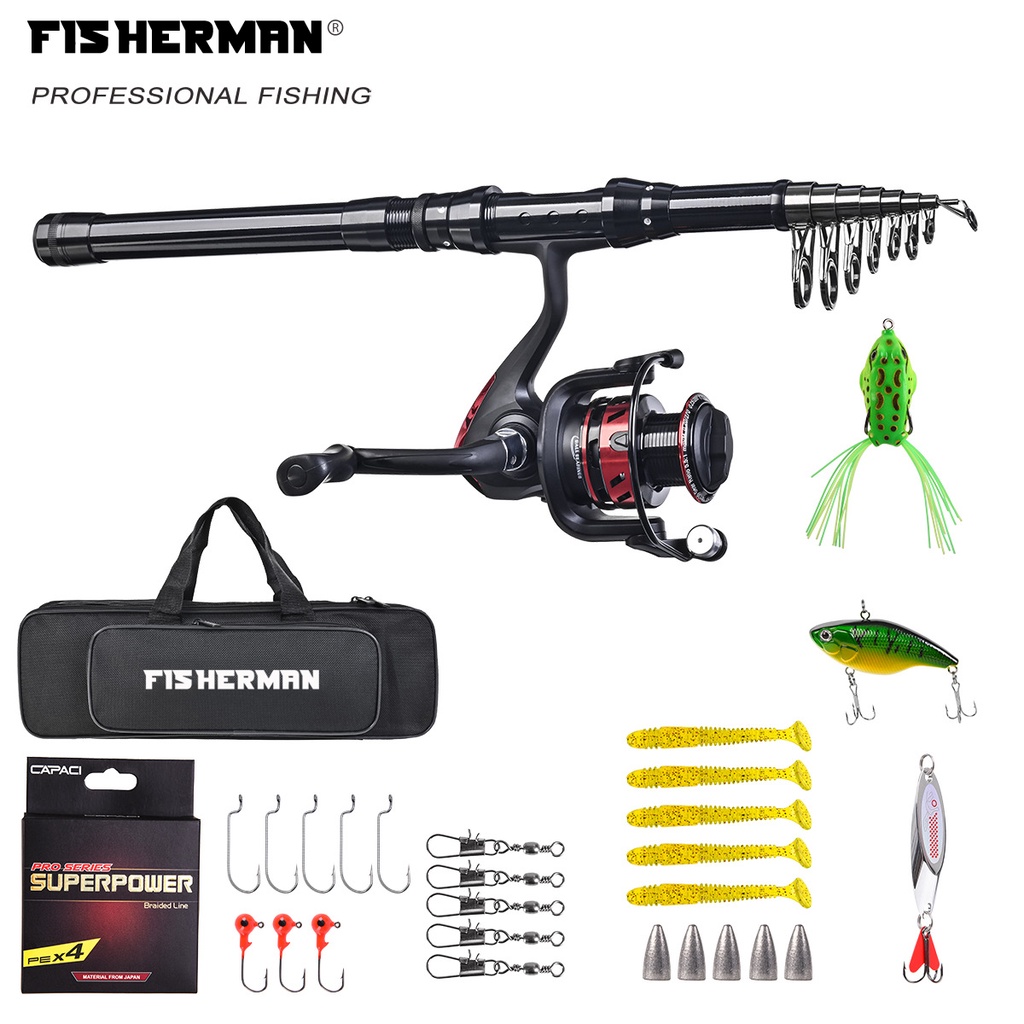 Telescopic Fishing Rod and Spinning Reel Full Kit - Travel Fishing Set with  Baits, Hooks, and Line