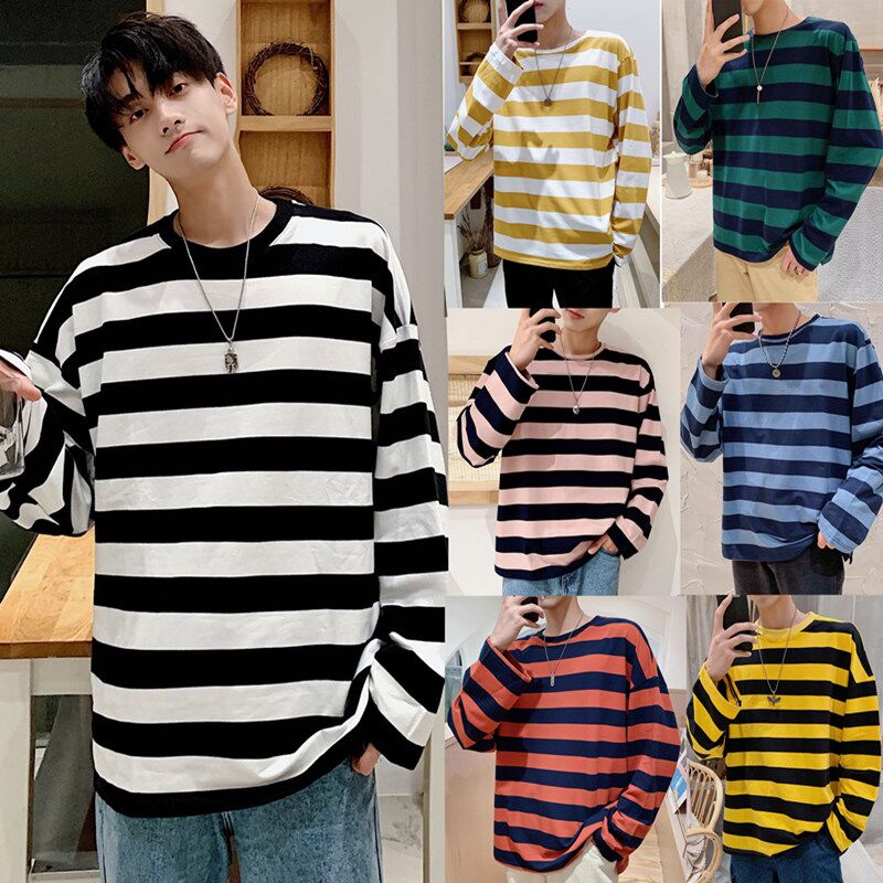 【M-2XL】Pure Cotton Long Sleeve Casual Stripe T-shirt For Men And Women ...