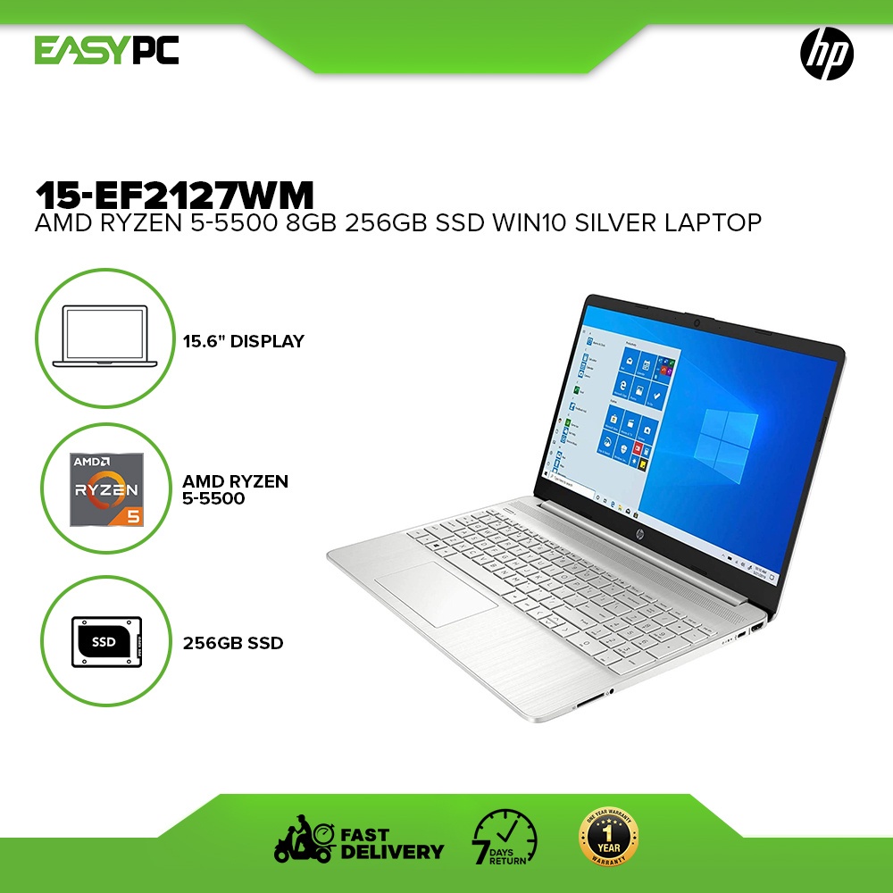 Easypc Hp 15 Ef2127wm Amd Ryzen 5 5500 8gb 256gb Ssd Windows 10 Laptop Silver Ps 8367