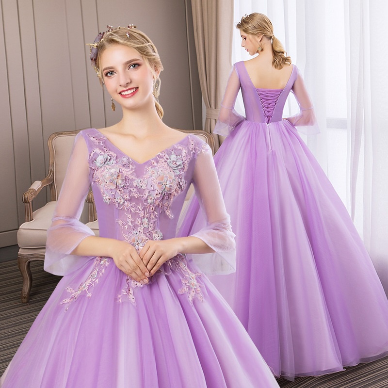 Elegant Light Purple Stage Solo Performance Costume Long Sleeve V Neck  Flower Embroidery Slim Princess Dresses Host Gown | Shopee Philippines