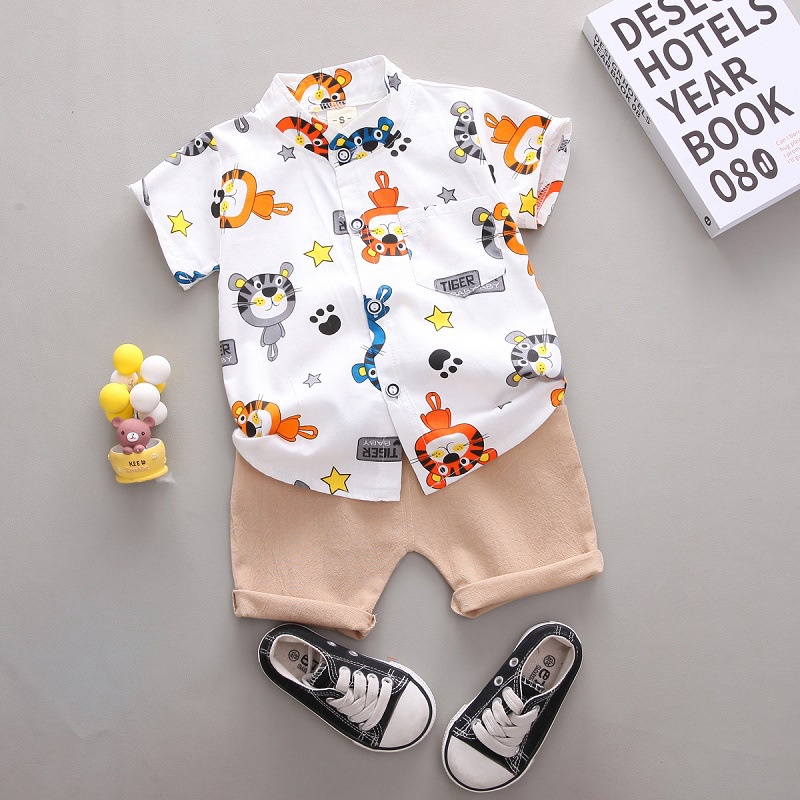 Safari Costume Baby Boy Cute Tiger Print White Shirt Khaki Shorts Set